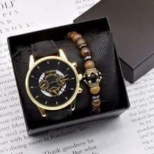 

Luxury Men's Fashion Casual Business Calendar Watches Analog Quartz Watch relogio masculino with Beaded Bracelets Gift sets