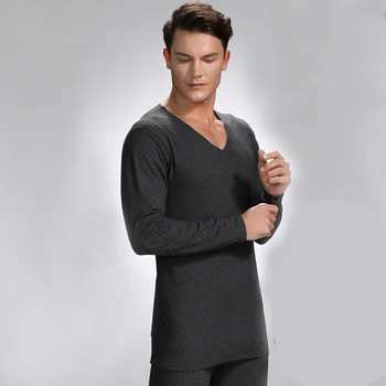 

Autumn Winter Warm Thermal Underwear For Men Solid Black V-neck Pajamas Set Full Sleeve Tight Thermo Lingerie Plus Size3XL 4XL