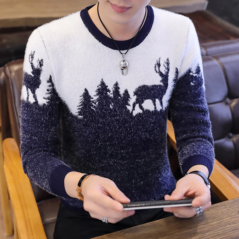 Осенне-зимний мужской свитер с оленем, сохраняющий тепло пуловер, мужская толстовка с рисунком, модные мужские Рождественские свитера