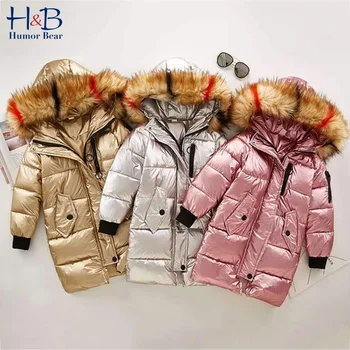 

Humor Bear Girls Jacket Children Winter Bronzing Shiny Face Large Fur Collar Mid-Length Coat Thick Toddler Baby Kids Clothes