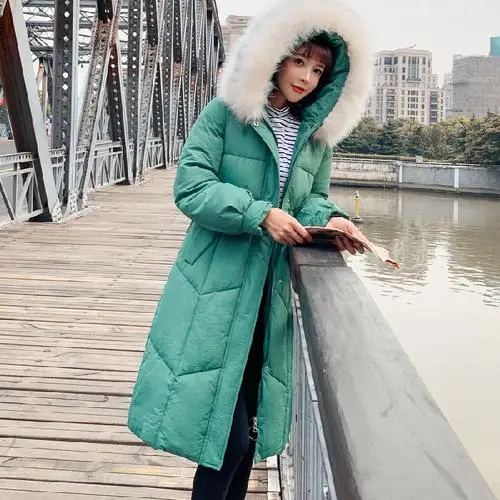 Big Fur Winter Coat Thickened Parka Women Stitching Slim Long Winter Coat Down Cotton Ladies Down Parka Down Jacket Women - Цвет: Зеленый