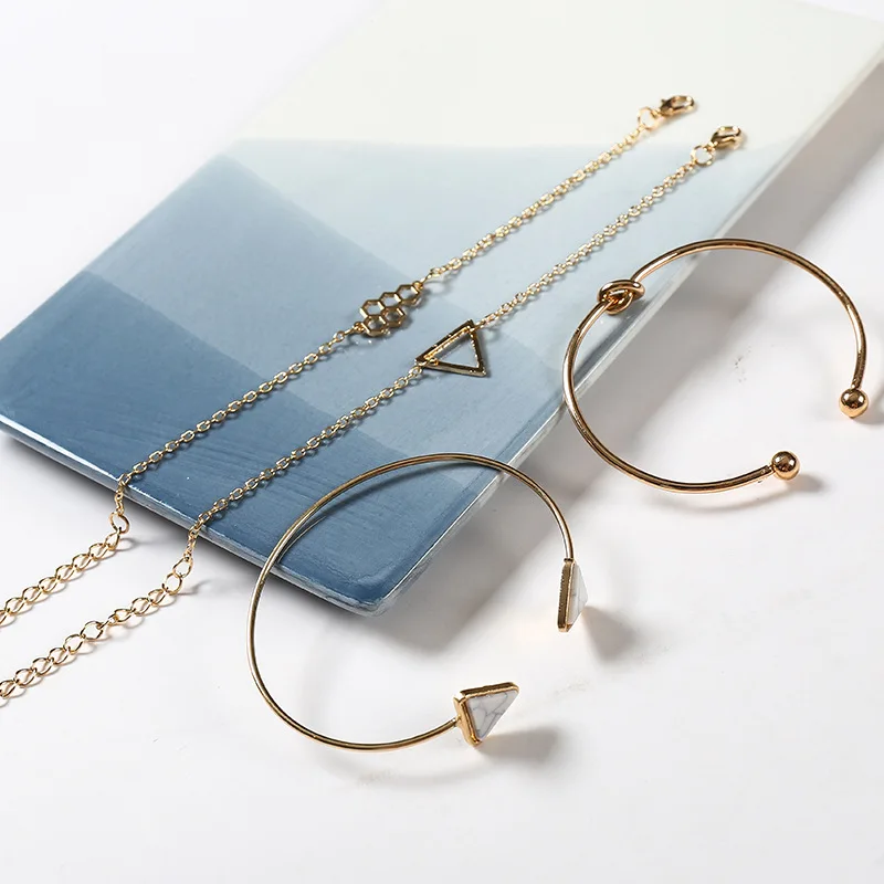 

2019 Fashion Knotted Bead Inset Gem Bracelet Bangle 4/Sets Retro Triangle Pine Stone Silver Bracelet Set Women Simple Jewelry