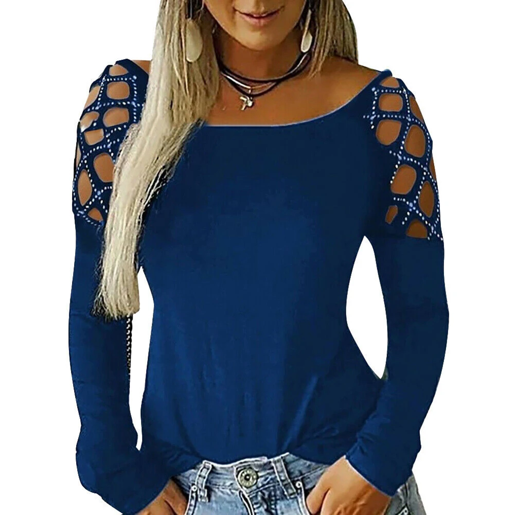 

Women Spring Autumn Tops Ladies Long Sleeve Round Neck Tops with Rhinestone Decoration for Spring Autumn Winter AIC88