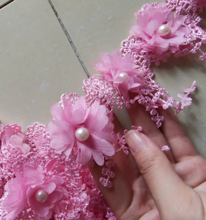 1Yard(15Pcs Flower) 8CM 3D Chiffon Rose Lace Trim Flower With Pearl Wedding Dress Deco Tassel Patch DIY Craft lace garment accessories lace sewing supplies lace decoration lace accessories lace sewing accessories clothing accessories