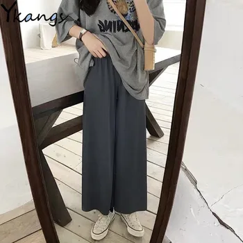 

Fashion Summer Spring Thin Knitted Wide Leg Pants Women Loose Long Trousers Mom Elastic Lace Up High Waist Casual Knit Pants