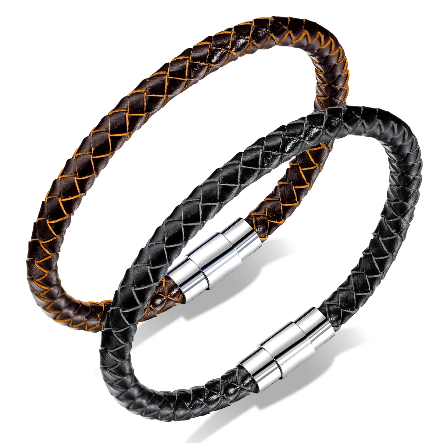 New Men Genuine Leather Bracelets Braided Bracelet for Boy Male Magnet Stainless Steel Rope Wristband Men's Father | Украшения и