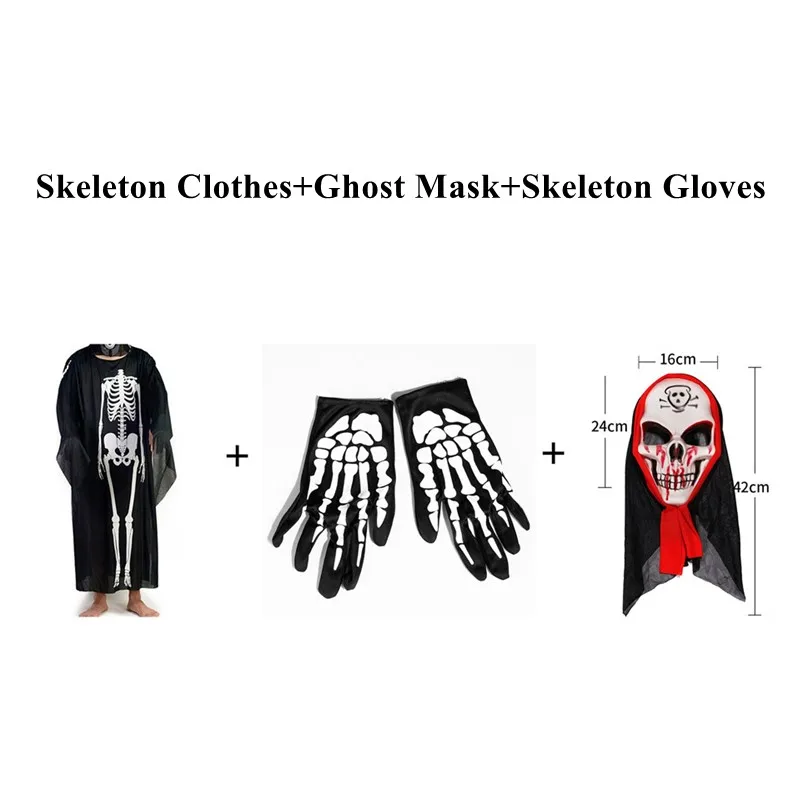 

Halloween Horrible Skeleton Costume Skeleton Clothes+Ghost Mask+Gloves Purim Festival Zombie Costume Devil Vampire Scary Costume