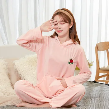 

Korean Style Daily Autumn Velvet Nightwear 2PCS Female Pajama Set Soft Sleepwear Comfortable Daily Casual Home Femme Pyjama