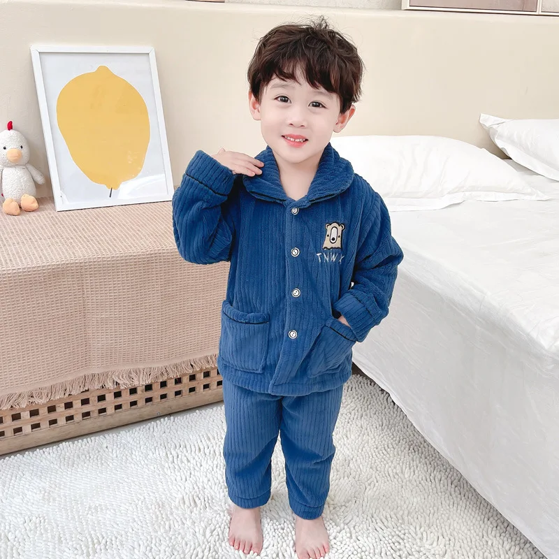

New Kids Boys Girls Autumn Winter Flannel Pajama Sets Cartoon Print Long Sleeve Lapel Tops with Pants Sleeping Clothing Sets