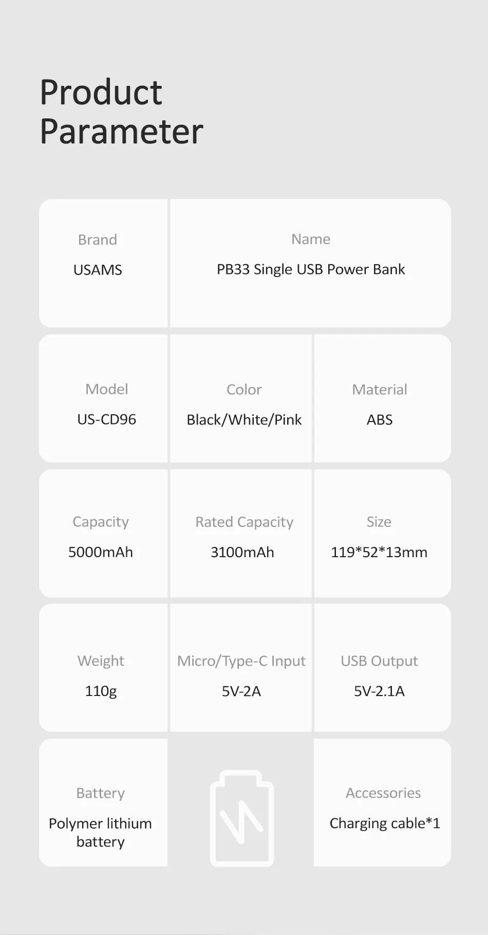 USAMS 5000mAh мини банк питания портативное зарядное устройство двойной вход быстрая зарядка банк питания для Xiaomi iPhone внешний аккумулятор повербанк