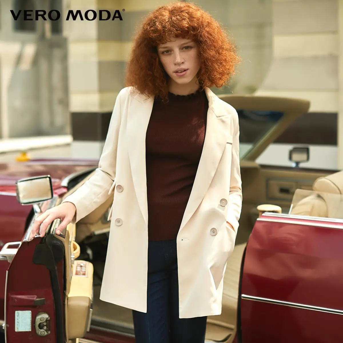 Vero Moda стиль Ins женский Н-образный лацкан двубортный пиджак | 319308590 - Цвет: Pink tint