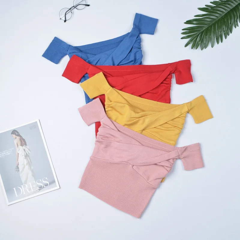 Off shoulder Sweater Women Sexy Solid Pleated Crop Tops Small Size High Street 2020 Summer Sweaters For Girls | Женская одежда