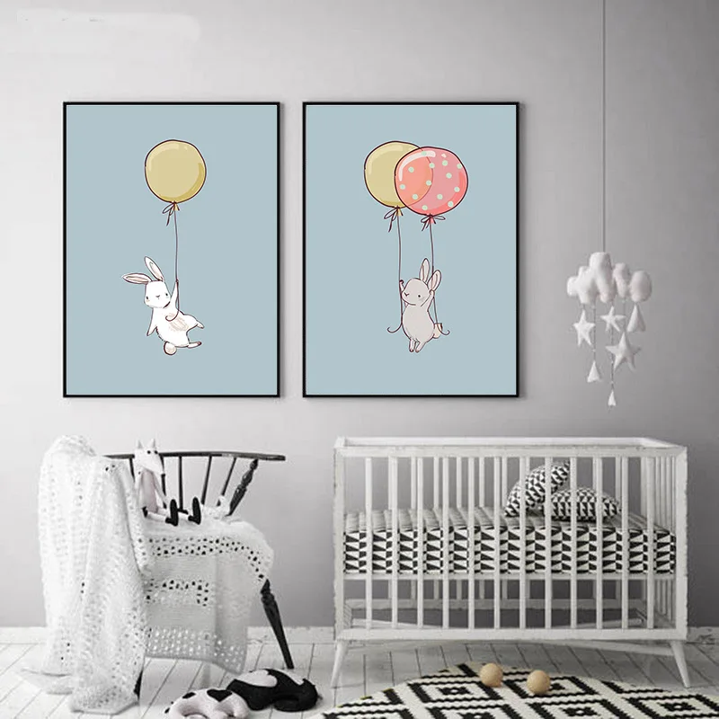 Cartoon-Animal-Nordic-Lovely-Canvas-Painting-Rabbit-Bear-Balloon-Cute-Decortion-Kids-Girl-Bedroom-Wall-Print