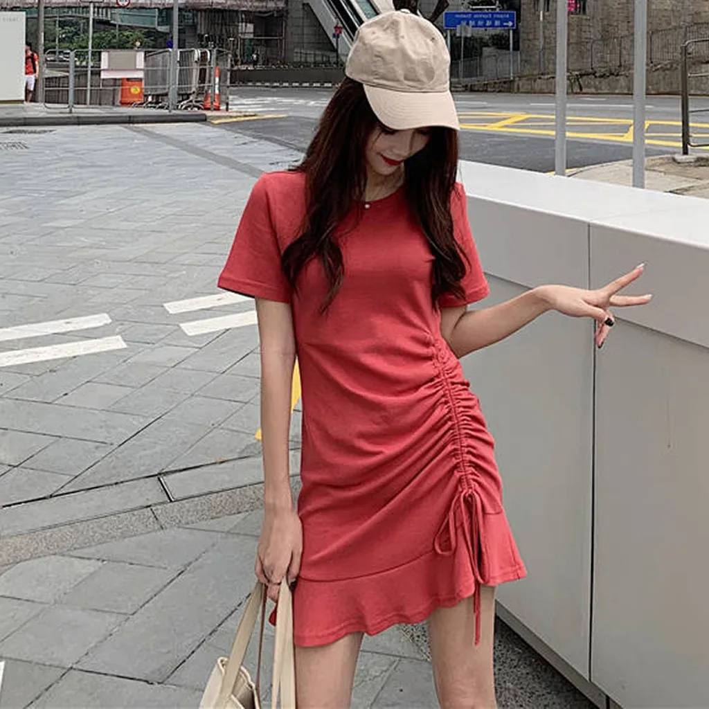 Jaycosin Fashion Summer Casual O-Neck Short Sleeve Elegant Women Summer Long Dress Ladies Slim Thin Solid Ruffles Knee Dress 319