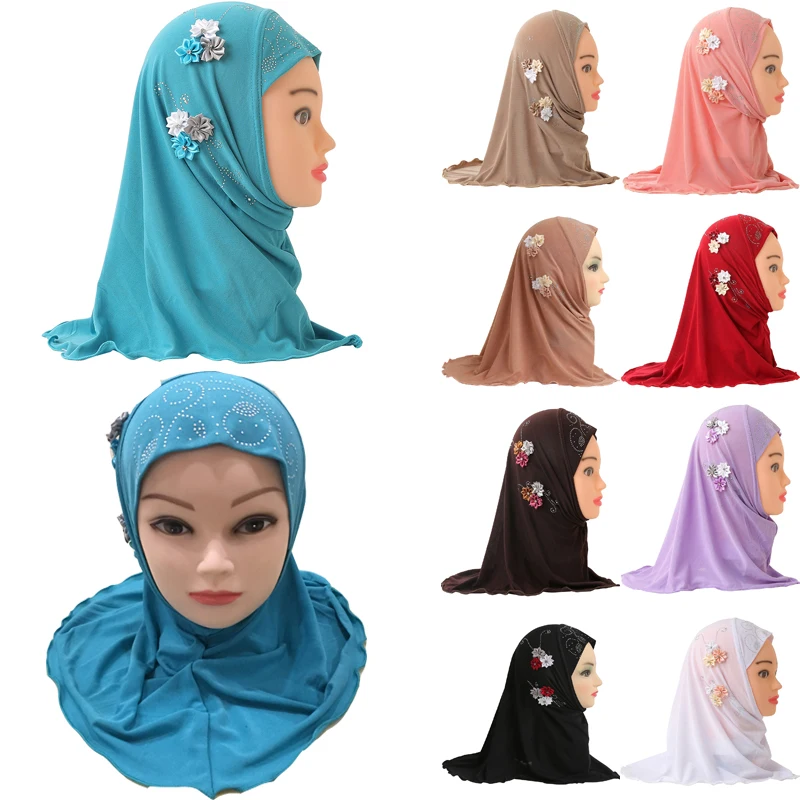 Muslim Girls Instant Scarf Hijab Islamic Kids Plain Flower Turban Headscarf Shawls Elastic Kid Burqa for 2-7 Years Old Children |