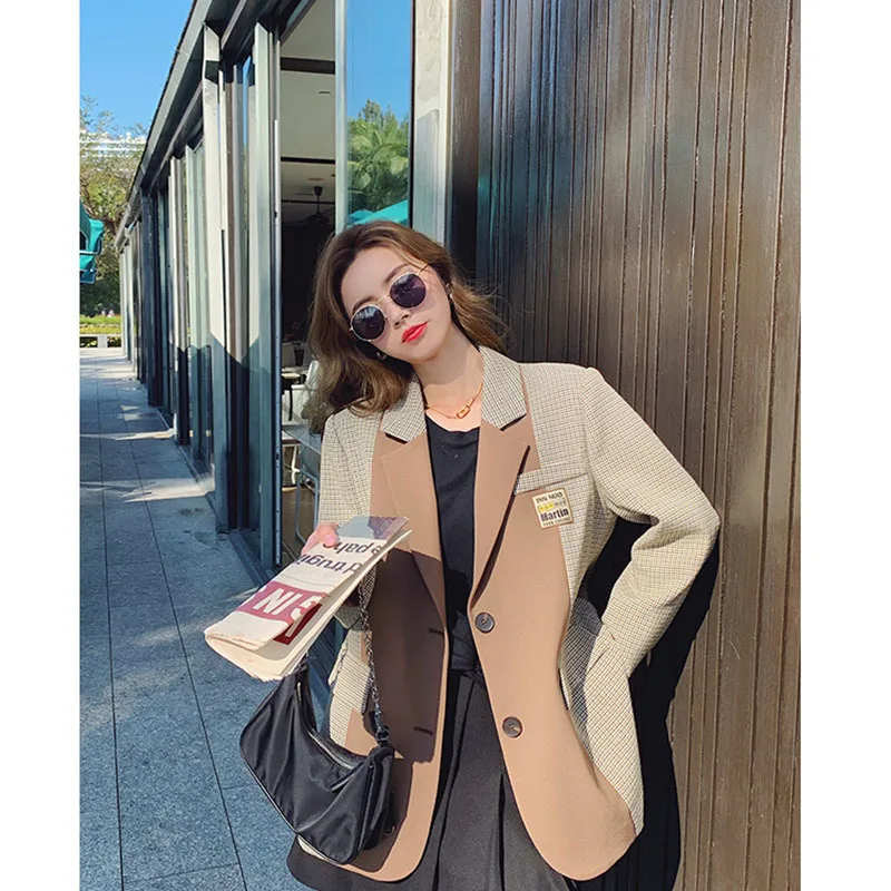 

Wenfly Women Clothes Plaid Patchwork Design Suit Jacket Single Breasted Split New Casual Loose Korean Harajuku Outerwear