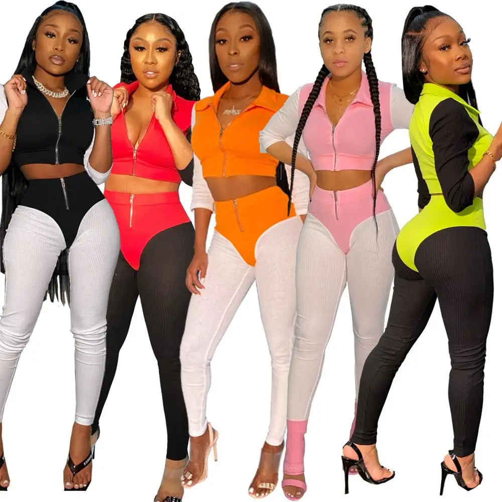

2020 European and American women's autumn and winter new fashion Multicolor Splicing stripe Sexy style Two-piece Zipper