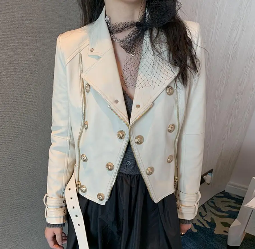 ジャケット・アウター LEATHER COMBINATION DOUBLE LAPEL COAT ZWRXW Leather Trench Coats for Men Double Breasted Notched