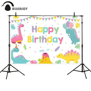 

Allenjoy Happy Birthday Banner Cartoon Dinosaur Volcano Cactus Dots Palm Leaves Photocall Backdrop Baby Shower Backgrounds Cloth