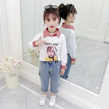 

Cuhk Children's Print Girls Outfits Kids Lapel Patchwork Hoodie+Ripped Jeans Two Piece Set Fashion Casual Baby Girl Clothes Suit