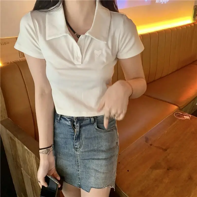 Polo T Shirt For Women White Blouse Short Sleeve Tees Crop Top Female Fashion Embroidery Summer 2021 Women's Clothing Aesthetic black t shirt for men