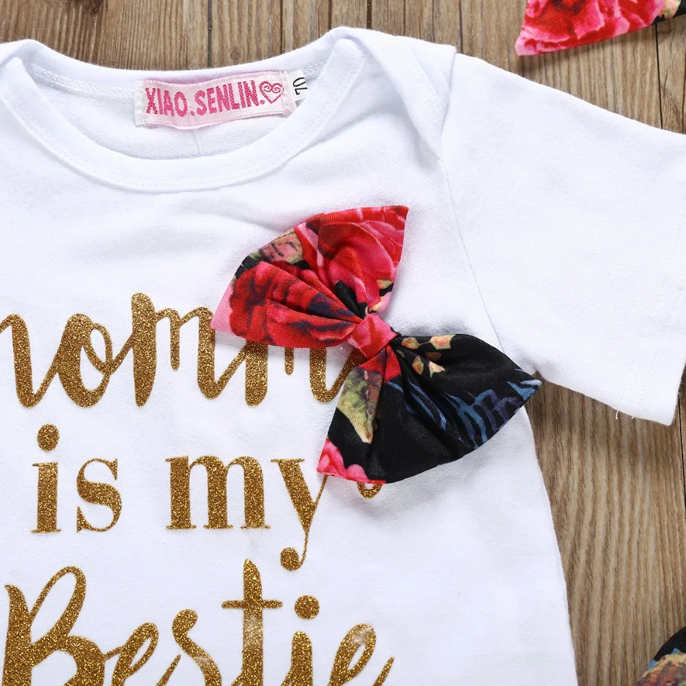 Комбинезон с принтом «Mommy is my Bestie» для маленьких девочек, штаны, повязка на голову, комплект из 3 предметов, детский комплект одежды с цветочным принтом