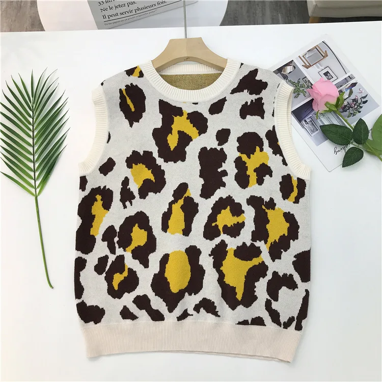 Женские леопардовые трикотажные жилеты, Осень-зима, корейский консервативный стиль, модные свободные жилеты, женские свитера без рукавов с круглым вырезом - Цвет: Слоновая кость