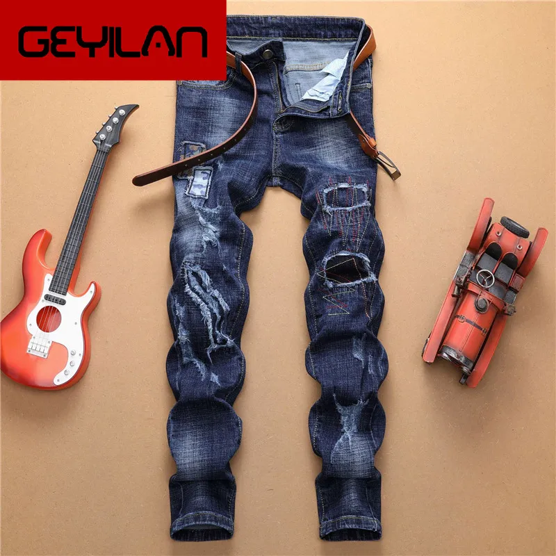 

2019 New jeans Men's Retro Hole Patch Casual Straight Slim Scratches Denim Large size Washed trousers More Size 28-36 38
