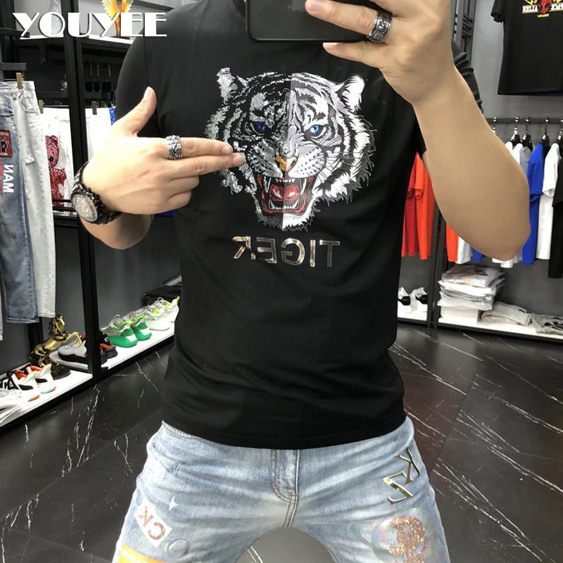 Men's T-shirt Rhinestones Design Tiger Head Printing Hip Hop Street Short  Sleeve Plus Size Streetwear O Neck Male Top Clothing - T-shirts - AliExpress