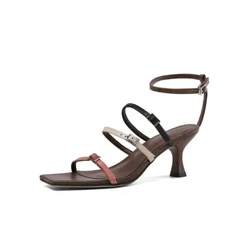 

Genuine Leather Women Sandals mixed colors buckle High Heels Summer Shoes Woman black pink apricot