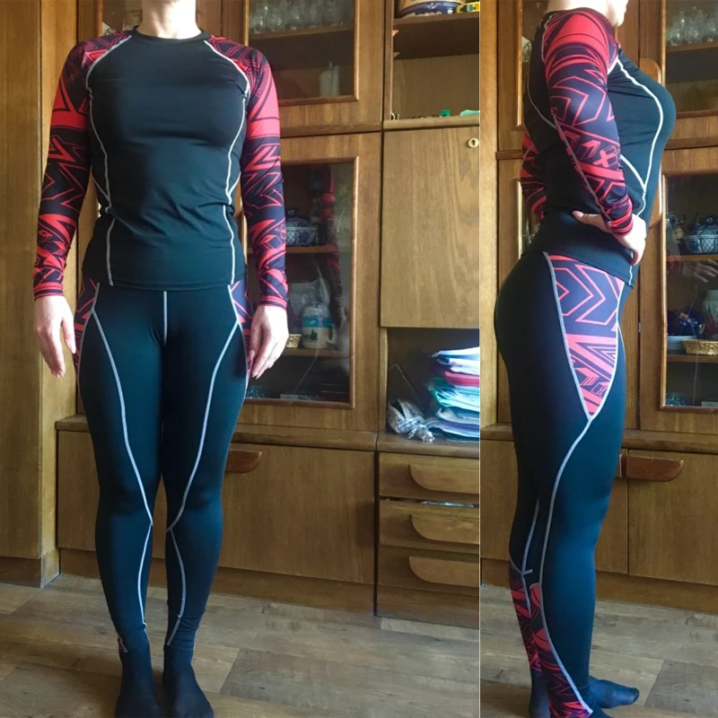 Women's Winter Long Sports Underwear Yoga Set Compression Long Sleeve Shirt + Gym Leggings 2 in 1 Winter Warming Base Layer Skin