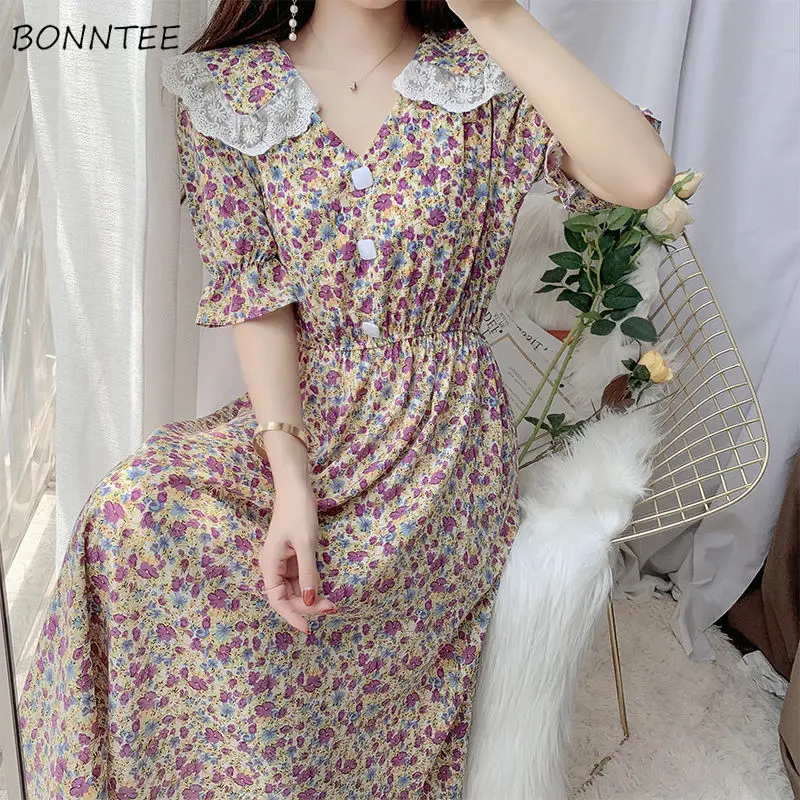 

Dress Women Soft V-neck Lace Design Summer Tunic Vintage Ulzzang Chiffon Streetwear Womens Lovely Popular Ins Elegant Chic Print