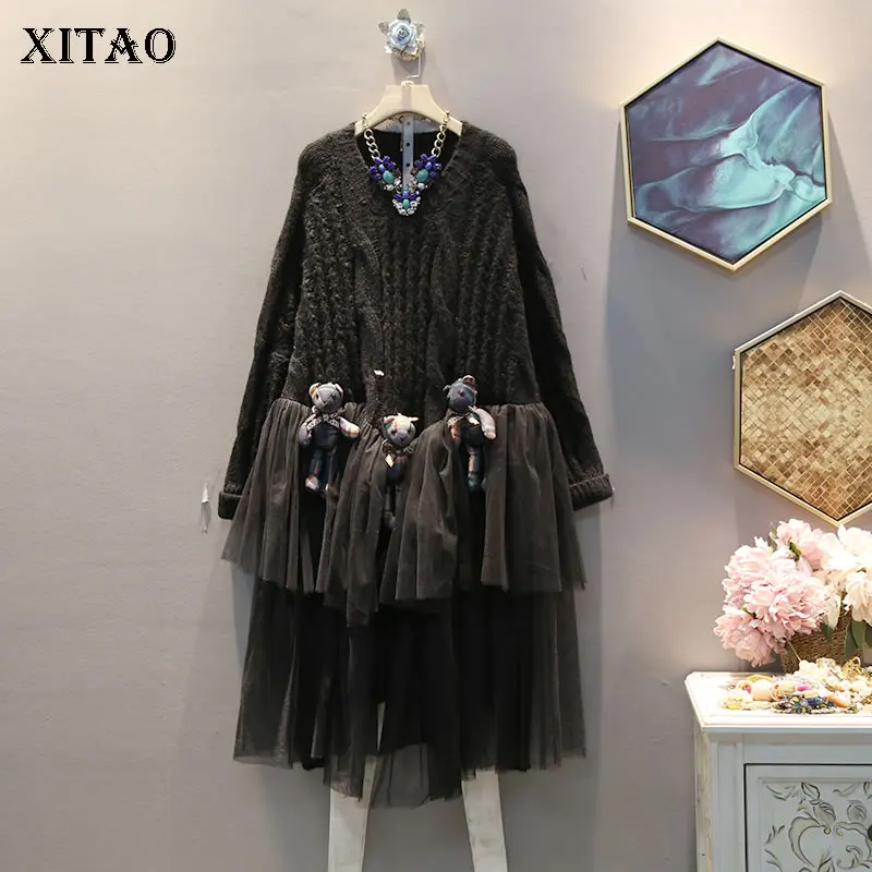 XITAO Tide лоскутное Сетчатое платье миди женская одежда 2019 модное вязаное с круглым
