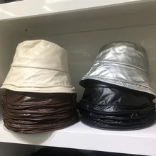Chapeau de style Harajuku en faux cuir, en tissu plissé de couleur métallique, casquette de seau de rue pour hommes et femmes, chapeau de loisirs