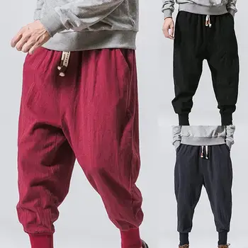 

Sporty Men Solid Color Ankle Tied Drawstring Pockets Drop Crotch Hip Hop Pants Men's slacks with solid color leg straps