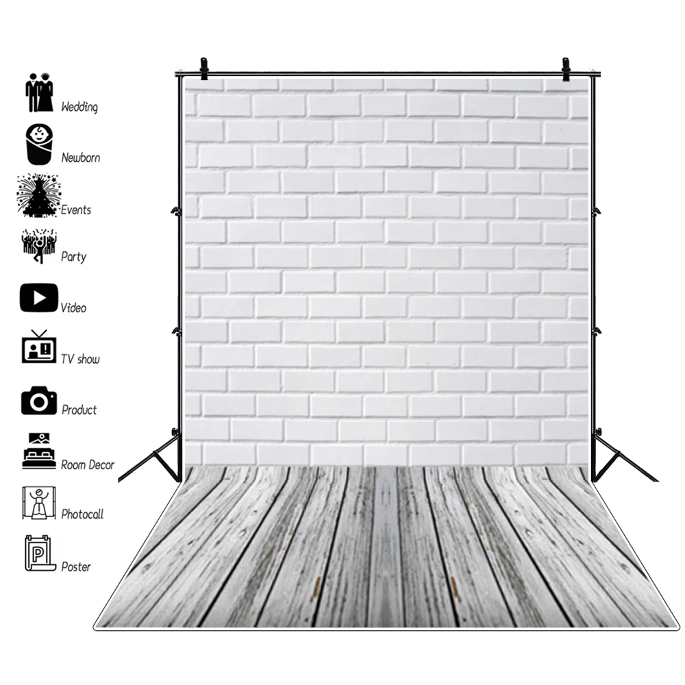 Photo Backdrop Grunge White Brick Wall Wooden Floor Photography Backgrounds For Baby Pet Doll Food Portrait