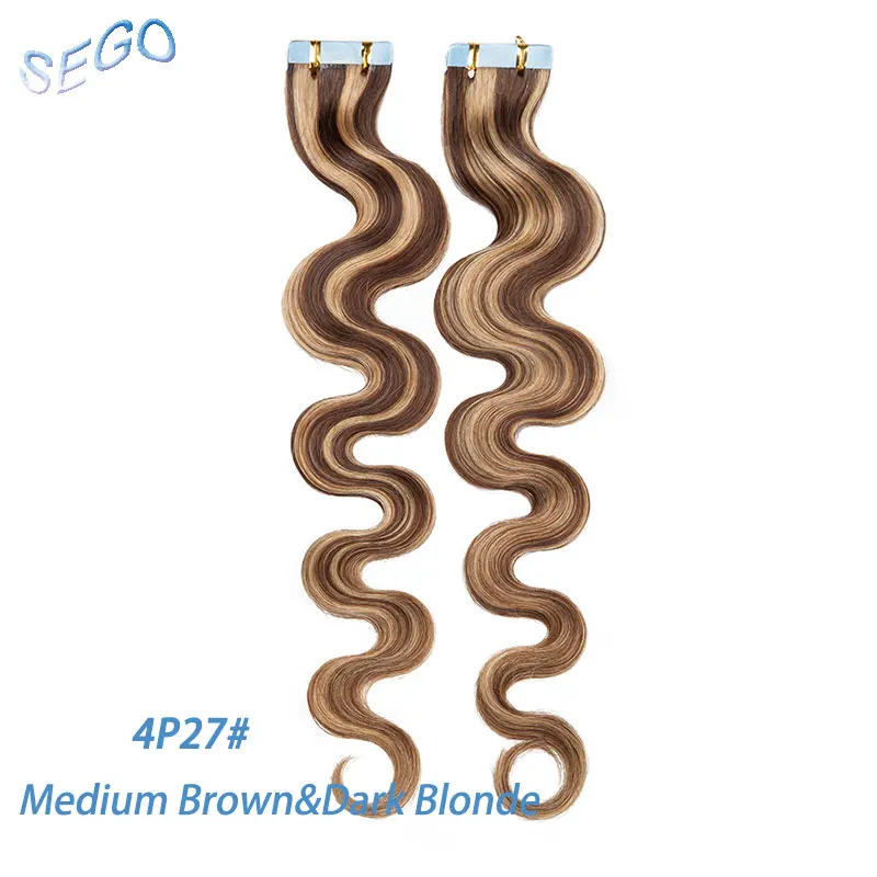 #4/27 SEGO 1"-24" 20/40 шт. средства ухода за кожей с волнами длинного диапазона в Пряди человеческих волос для наращивания на ленте, клей бесшовные волос Реми волос 2,5 г/шт - Цвет: #4/27