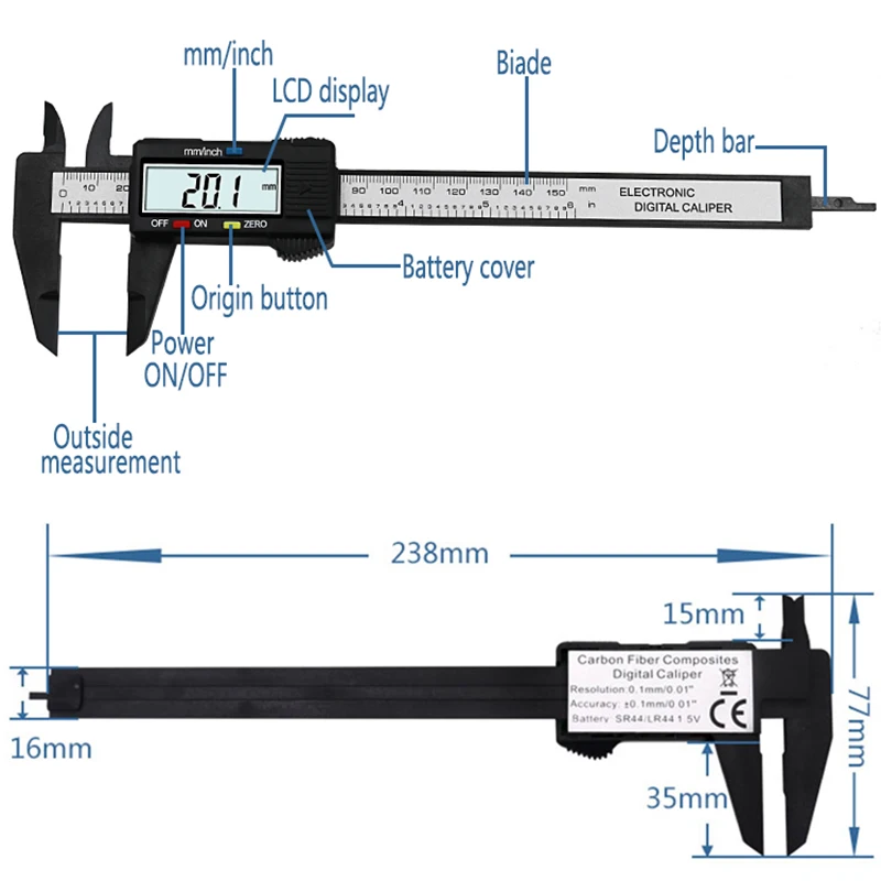 0-150 мм 6 дюймов электронный цифровой штангенциркуль с нониусом из углеродного волокна штангенциркуль ЖК-дисплей углеродного волокна измерительный инструмент
