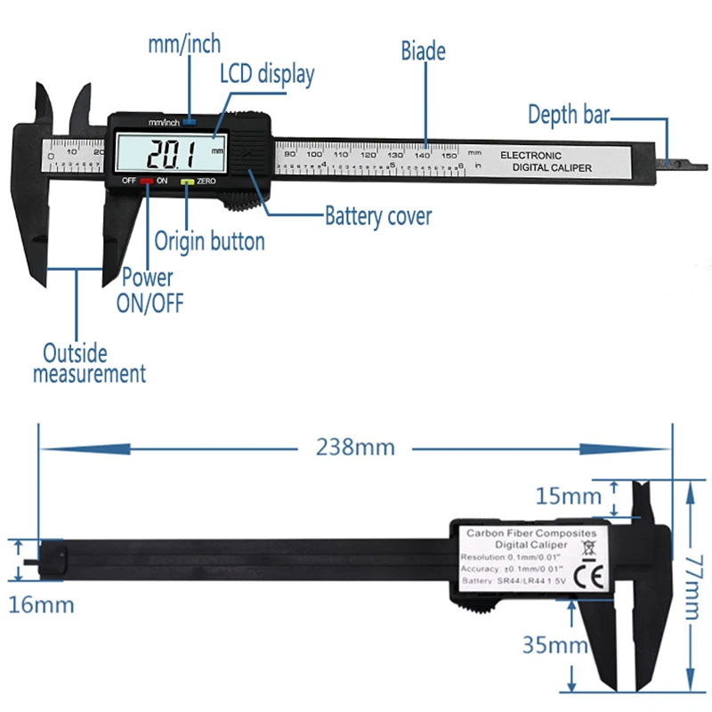 0-150mm 6 Inch Electronic Digital Vernier Caliper Carbon Fiber Vernier Caliper Gauge LCD Carbon Fiber Measuring Tool