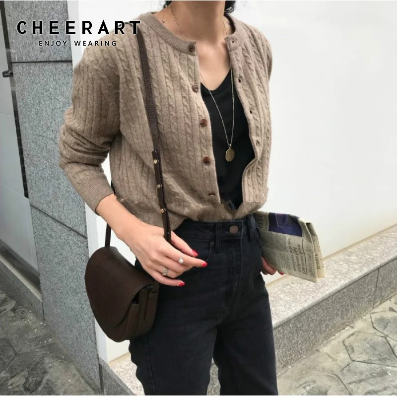 

Cheerart C.H.I.C Cardigan Women Korean Sweater Cable Knit Casual Knitted Button Up Brown Cardigan Outerwear Kardigan