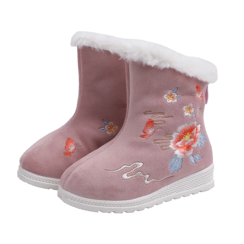 Kids Boots Embroidery Cloth Boots Baby Girls Plus Velve Keep Warm Snow Booties Non-slip Comfortable Safe for Kids ST031