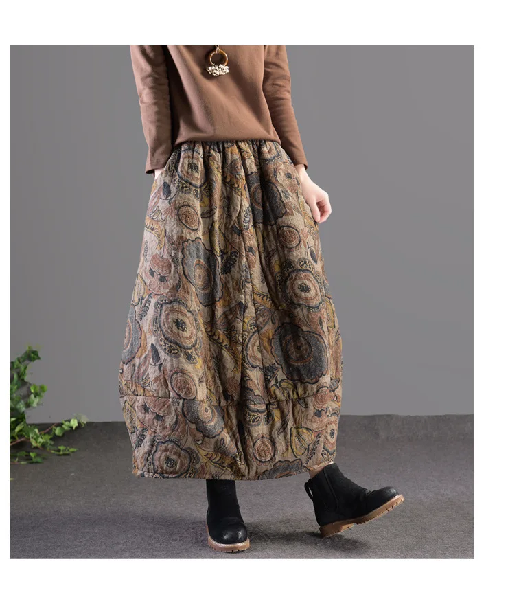 Autumn Winter Women Skirt Retro Elastic Waist Loose Bud Print Pocket Ladies Casual Linen Cotton Padded Skirts Thicker Warm Midi
