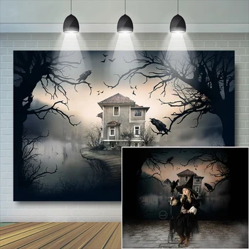 

Horror Halloween Backdrops Crow Old Trees Birthday Party Backgrounds Photography Castle Building Lake Evil Witch Photo Studio