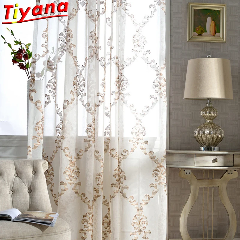 

Nordic Luxury Geometric Embroidery Window Screen Classical Noble Embroidered Tulle Curtains for Living Room Bedroom WH114#30