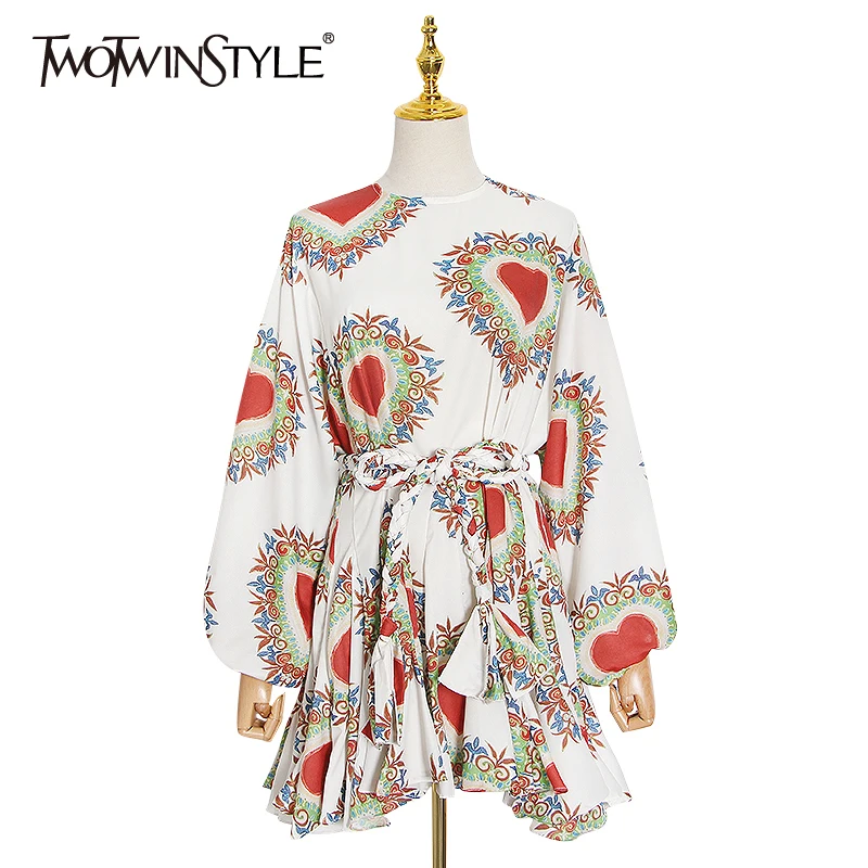 TWOTWINSTYLE Elegant Summer Tide Print Dresses Female O Neck Lantern Long Sleeve High Waist Dress For Women Fashion New 2020 TWOTWINSTYLE Elegant Summer Tide Print Dresses Female O Neck Lantern Long Sleeve High Waist Dress For Women Fashion New 2020