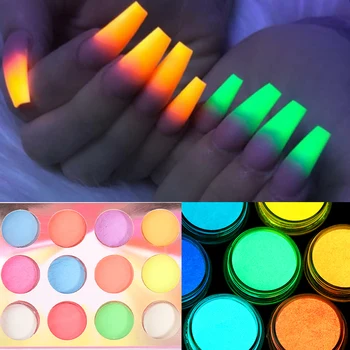 

12 Boxes/Set Luminous Powder Pink Blue Glow In Dark Glitter Nail Pigment Powder Nail Art Decorations Random Color