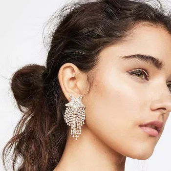 

Women Super Shiny Pentagram Long Tassel Crystals Drop Earring Fashion Elegant Dangle Earrings Ear Jewelry Gift