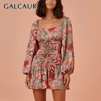

GALCAUR Ruched Print Dress For Women Square Collar Lantern Long Sleeve High Waist Slim Dresses Female 2020 Autumn Fashion New