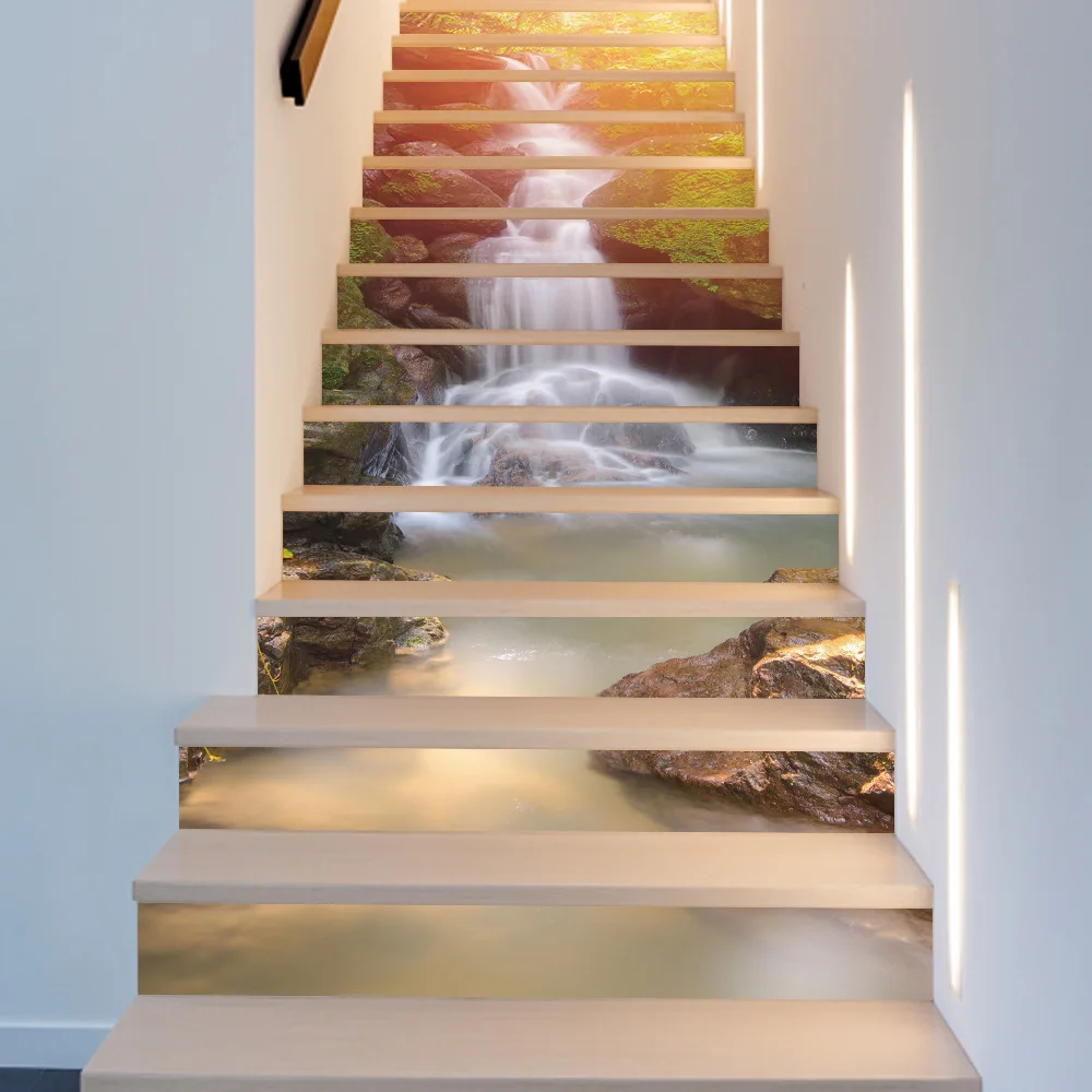 

6pcs/13pcs 3D Colored Waterfall Stair Risers Sticker Removable Pebbles Staircase Stickers Waterproof Home Decor Stairway Decals