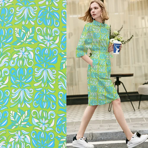 

Floral on green 100% silk crepe de chine silk fabric not transparent,SCDC1068